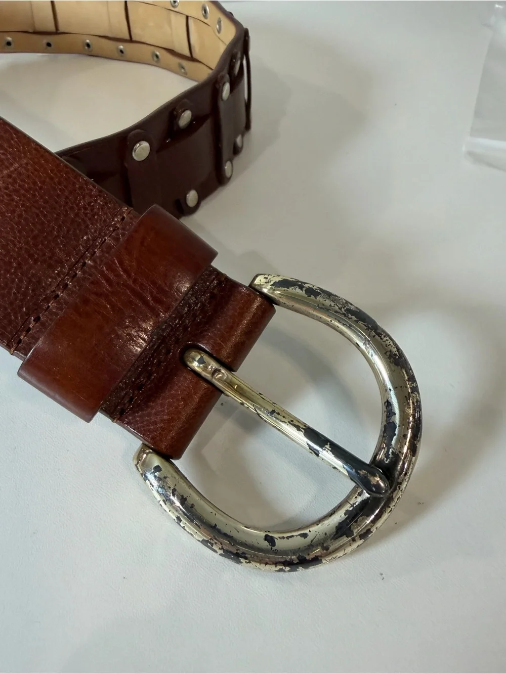 Saks Fifth Avenue Medium Woven Knit Brown Studded Genuine Italian Leather Belt